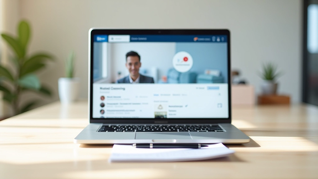 Open laptop showing LinkedIn profile on wooden desk with notepad and pen nearby