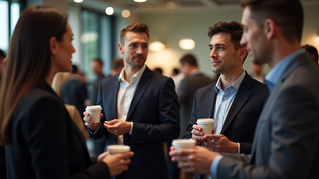 Group of professionals networking in casual office setting with coffee cups and conversation